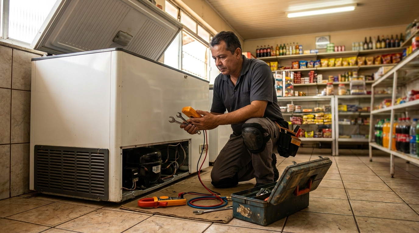 Profissional executando manutenção no motor de freezer no Centro, Suzano‑SP