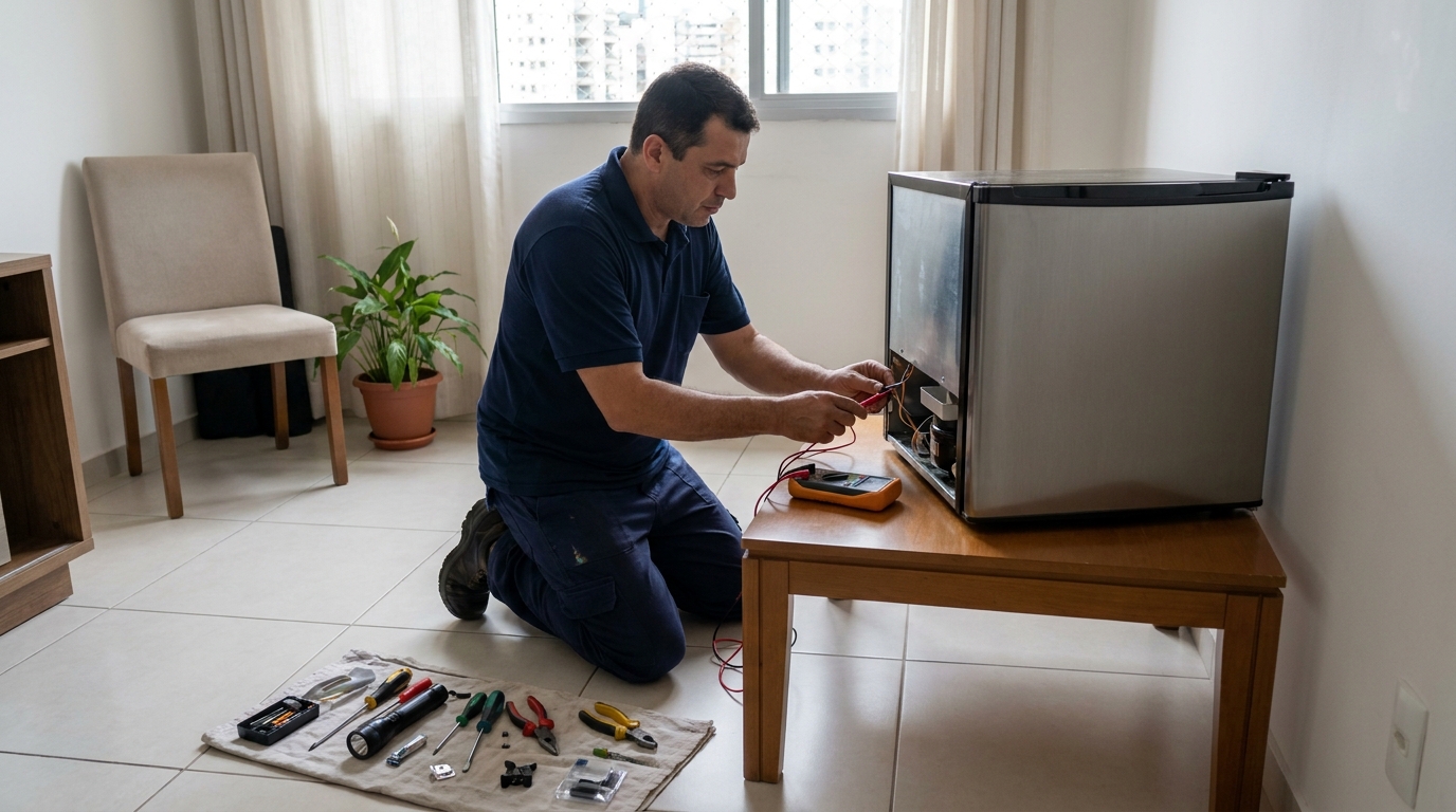 Técnico fazendo manutenção do motor de frigobar no Centro, Suzano‑SP