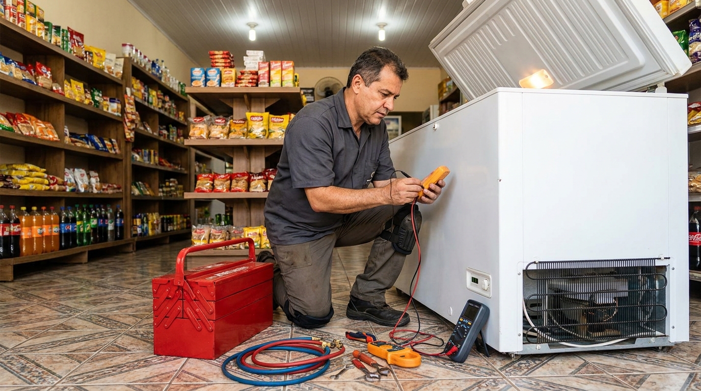 Recarga de gás refrigerante no freezer durante atendimento no Centro, Suzano‑SP