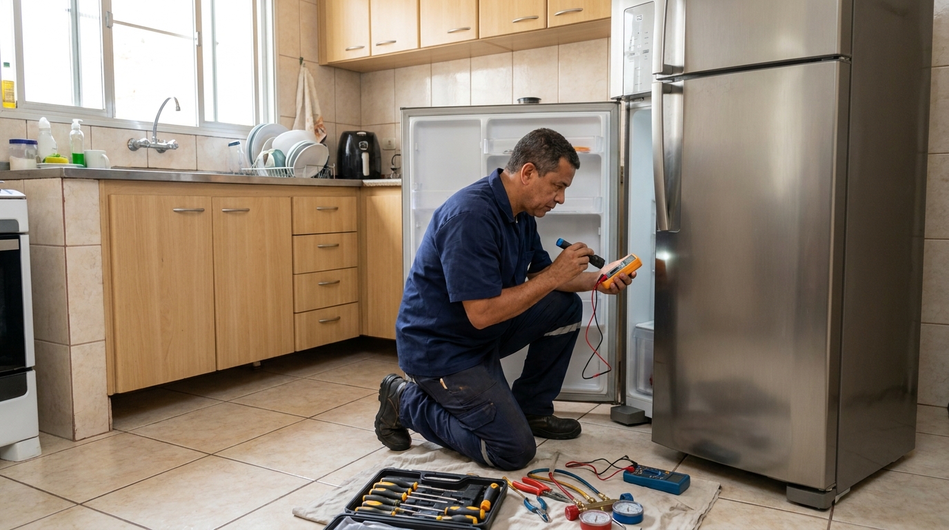 Técnico aplicando recarga de gás refrigerante em geladeira em Ipelândia, Suzano‑SP