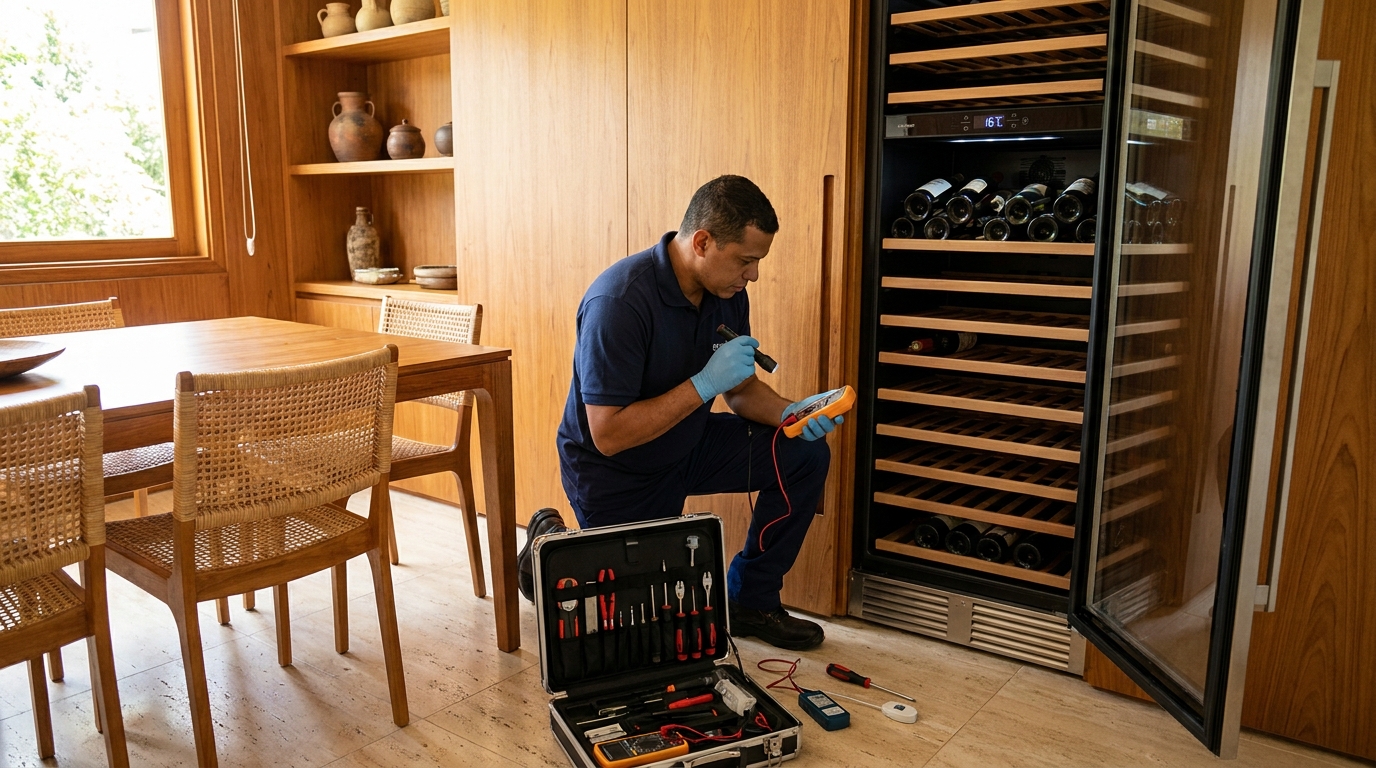 Substituição de termostato em adega climatizada em visita técnica no Centro, Suzano‑SP