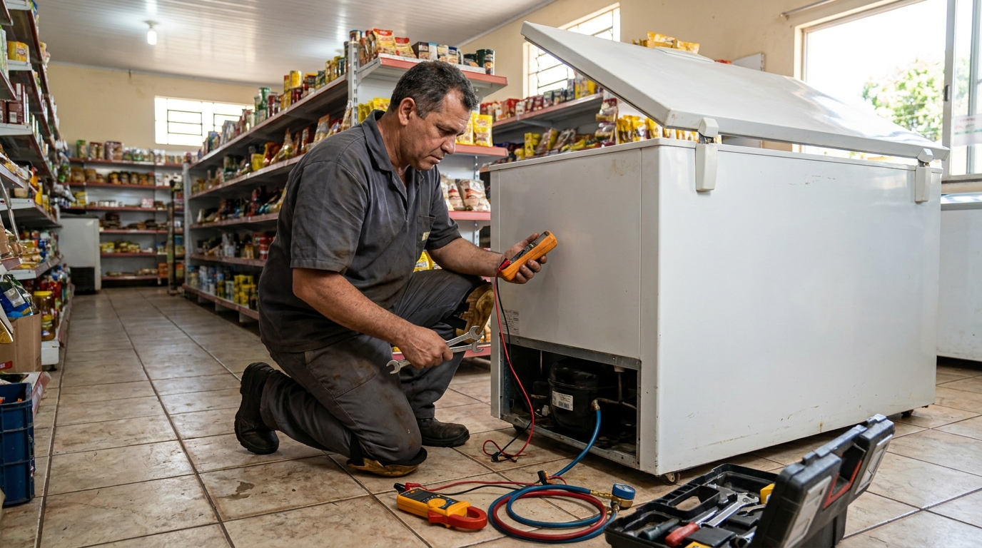Substituição de termostato de freezer em visita técnica no Centro, Suzano‑SP